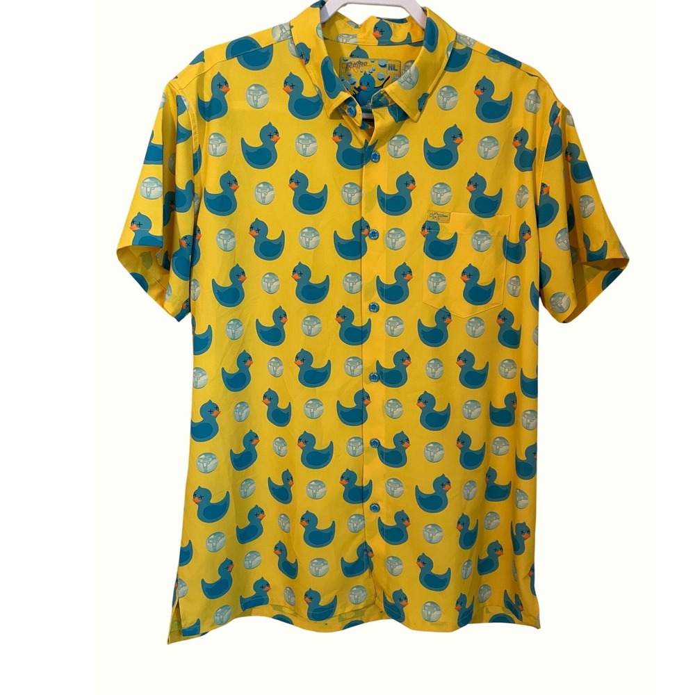 Retro Rifle Killer Duck Mens XL Yellow Blue Button Down Short Sleeve‎ Shirt